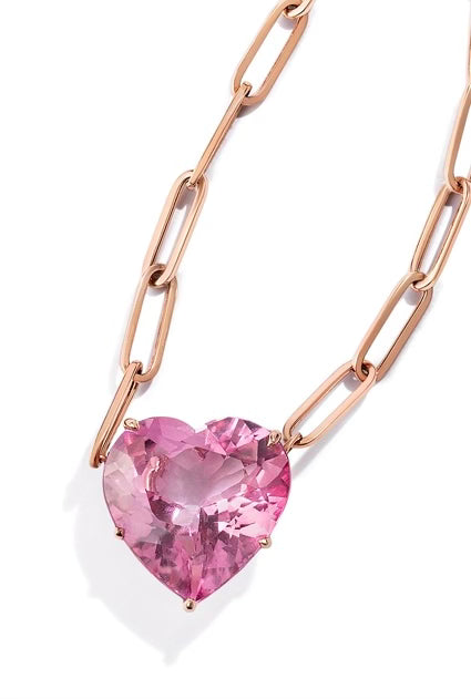 Caged Pink Topaz Heart pendant in 14K paper clip chain